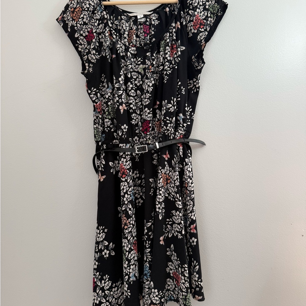 Floral Black Dress with Belt